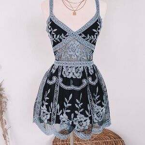 Honey Belle Blue and Black Lace Sheer Panel Romper Size L